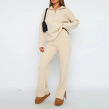 Ribbed Half-Zip Lounge Set with Flared Trousers | Elowenra