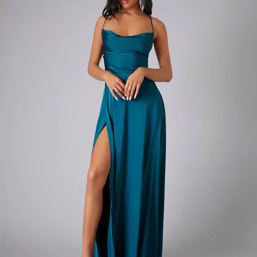 Satin Cowl Neck Maxi Dress with Side Slit | Selene