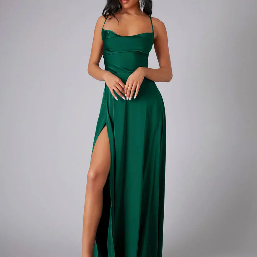 Satin Cowl Neck Maxi Dress with Side Slit | Selene