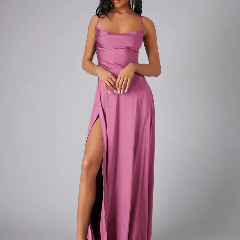 Satin Cowl Neck Maxi Dress with Side Slit | Selene
