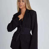 Longline Belted Tailored Blazer with Wide Lapels | Arvella
