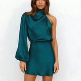One-Shoulder Satin Mini Dress with Long Sleeve | Nyxara