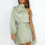One-Shoulder Satin Mini Dress with Long Sleeve | Nyxara