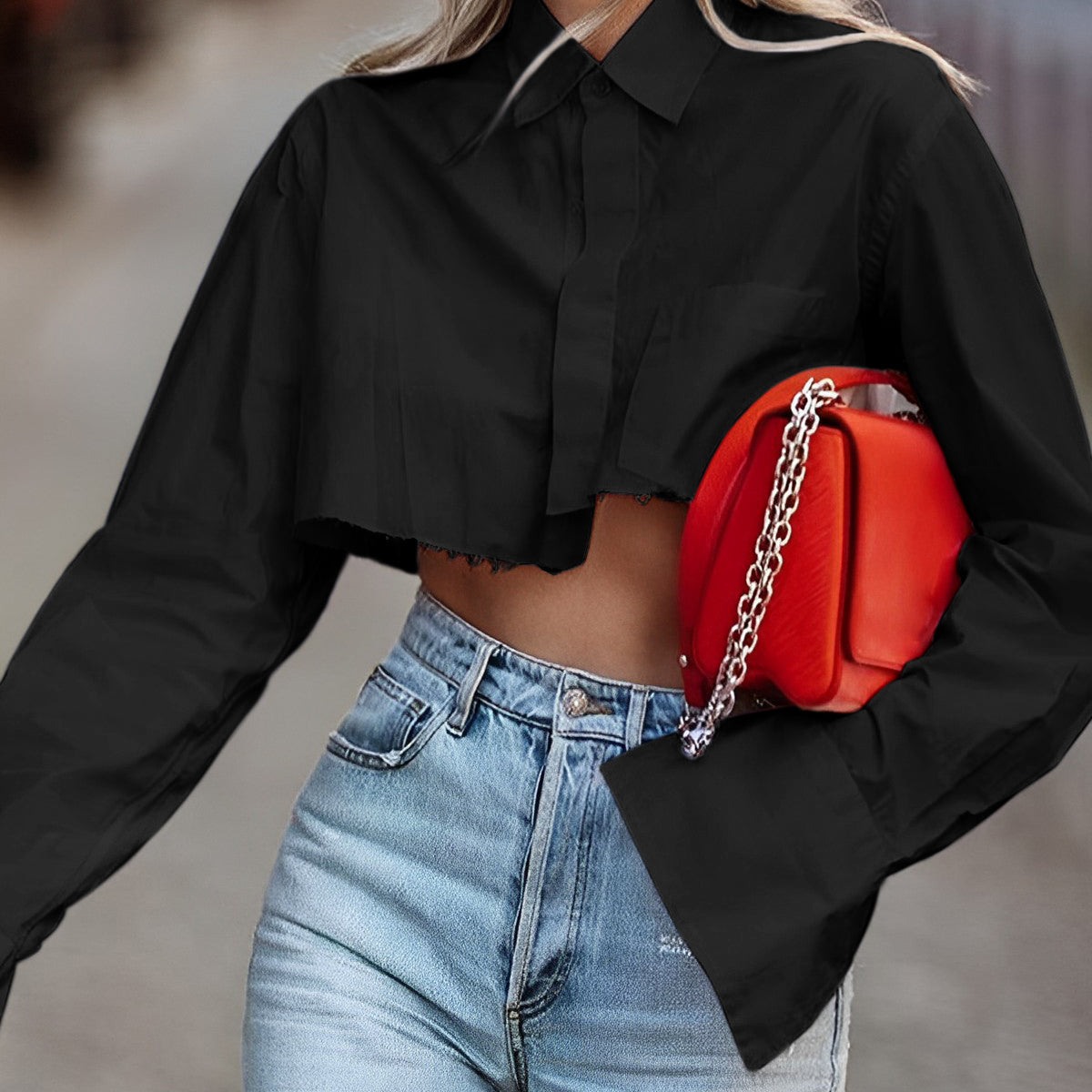 Closette | Cropped Blouse With Raw Cut Hem For Women