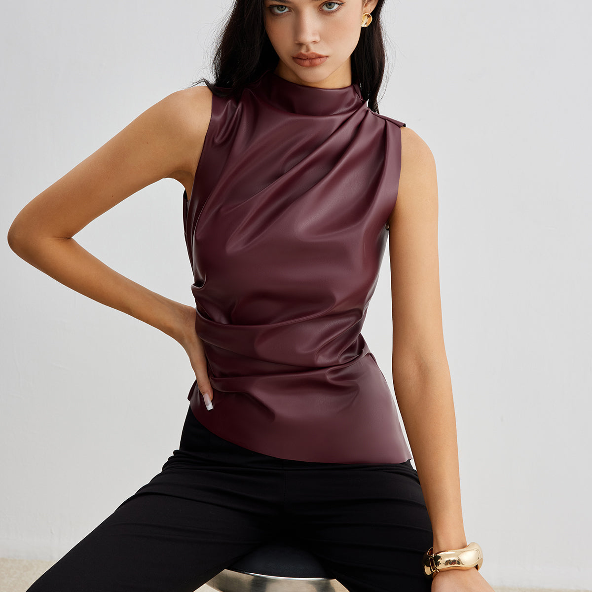 Closette | Faux Leather Sleeveless Top For Woman