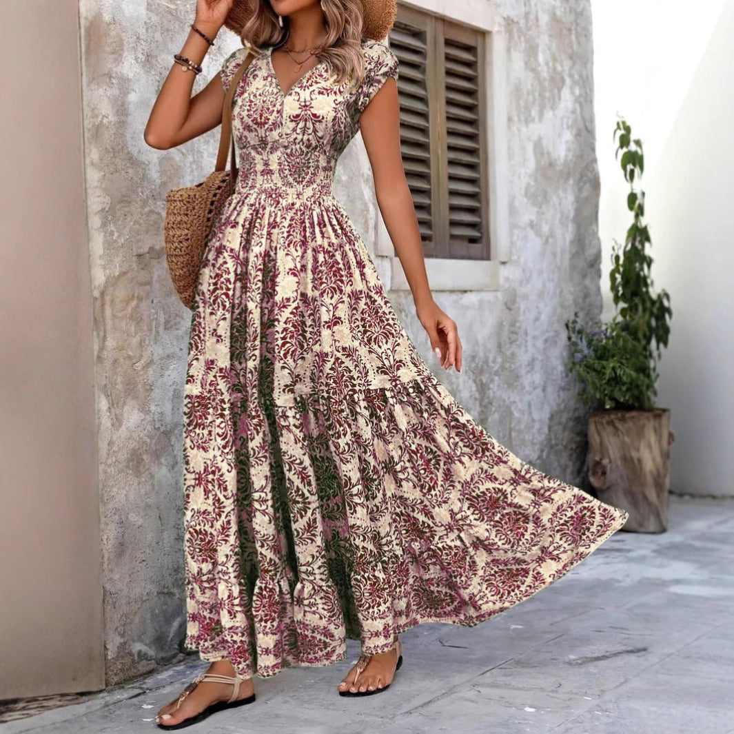 Closette | V-Neck Shirred Boho Summer Dress For Woman