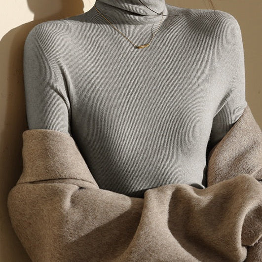 High Neck Slim Fit Ribbed Knit Top For Woman