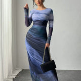 Closette | Printed Long Sleeve Bodycon Maxi Dress For Woman