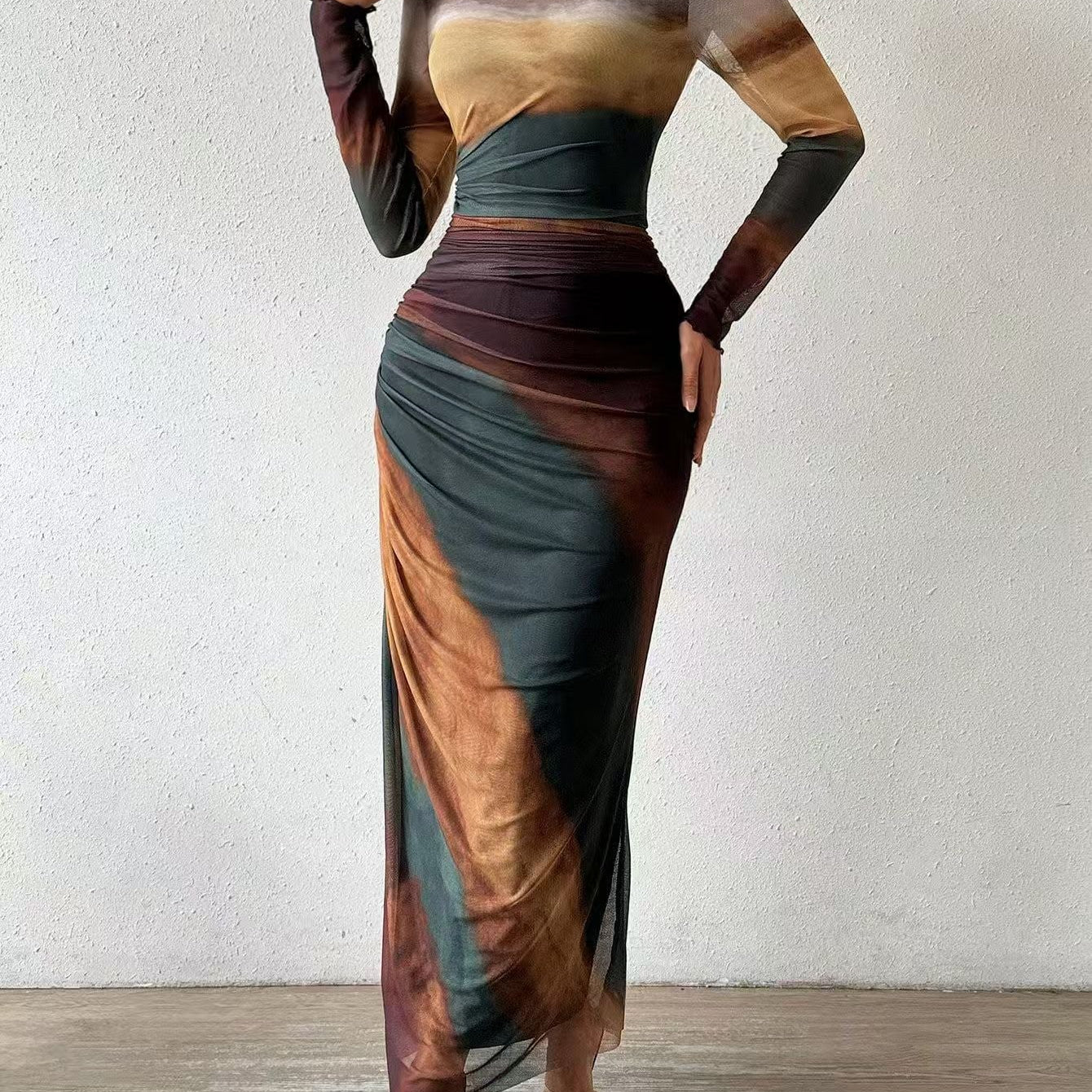 Closette | Printed Long Sleeve Bodycon Maxi Dress For Woman