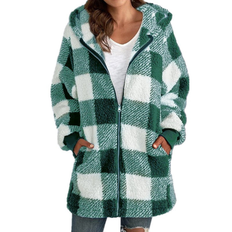 Plaid Fleece Hooded Long Coat | Arabella