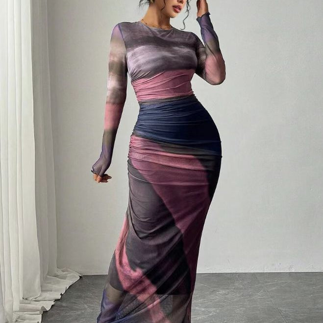 Closette | Printed Long Sleeve Bodycon Maxi Dress For Woman