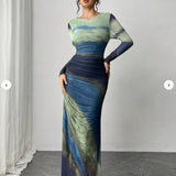 Closette | Printed Long Sleeve Bodycon Maxi Dress For Woman