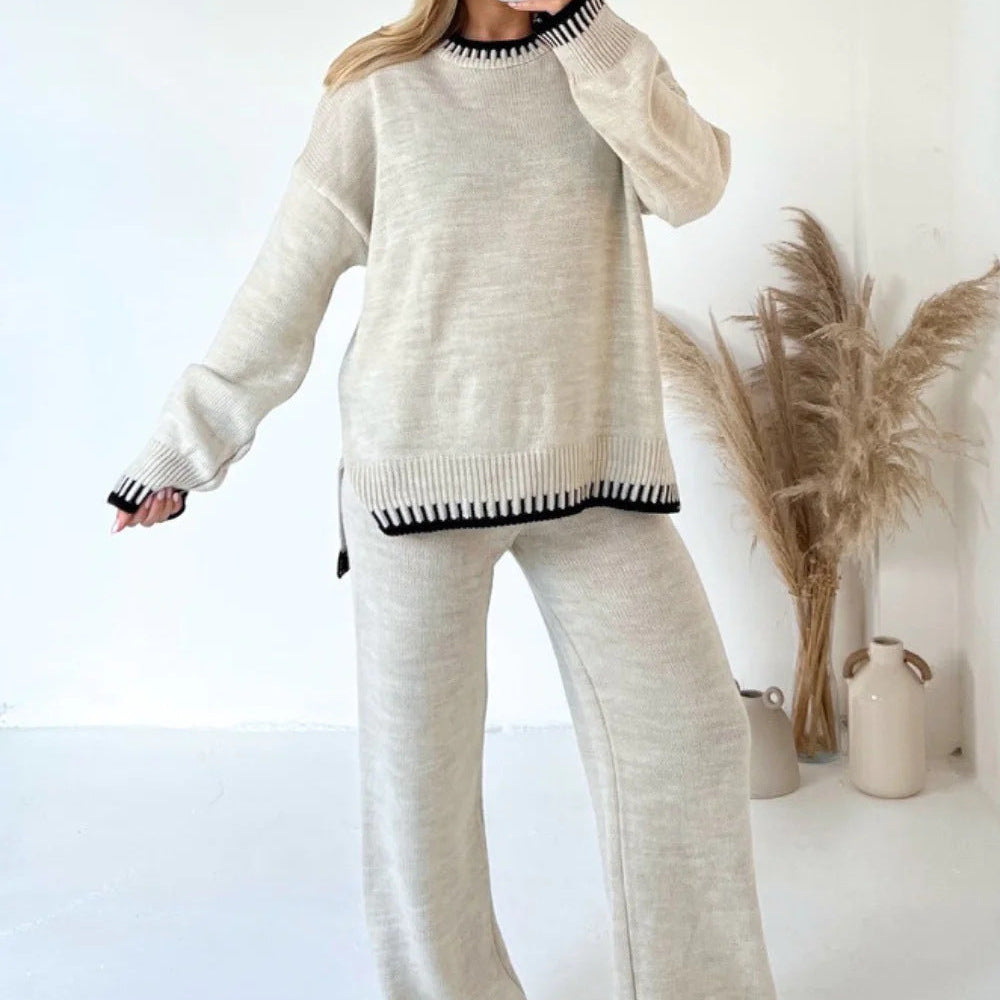 Contrast Trim Knit Lounge Set with Wide-Leg Trousers | Eirwyn
