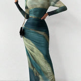 Closette | Printed Long Sleeve Bodycon Maxi Dress For Woman