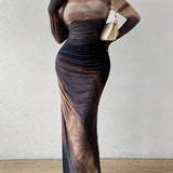 Closette | Printed Long Sleeve Bodycon Maxi Dress For Woman