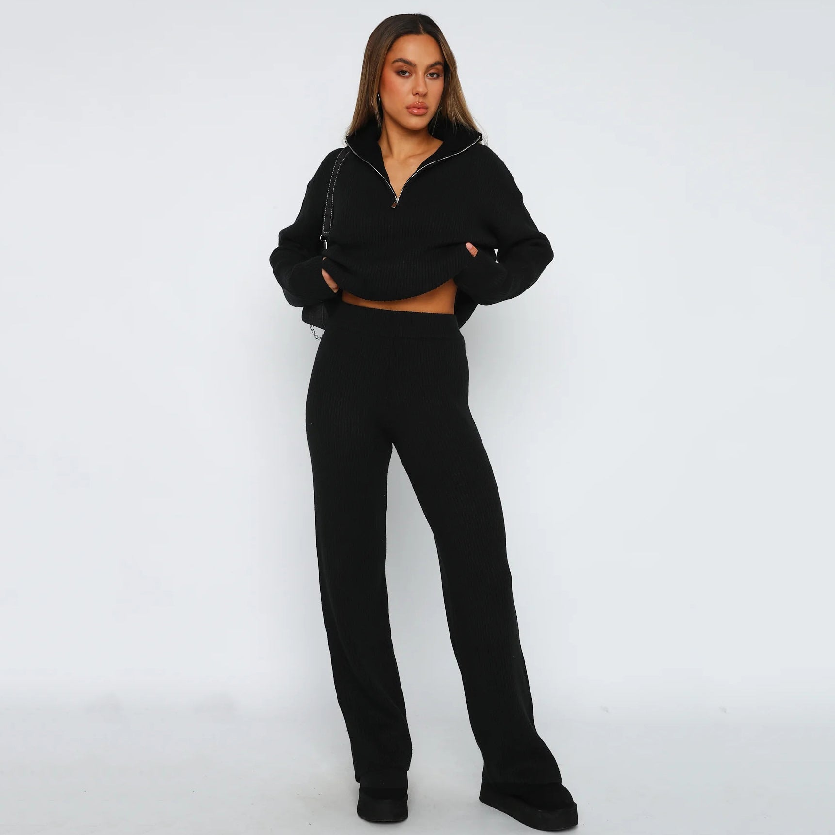 Ribbed Half-Zip Lounge Set with Flared Trousers | Elowenra