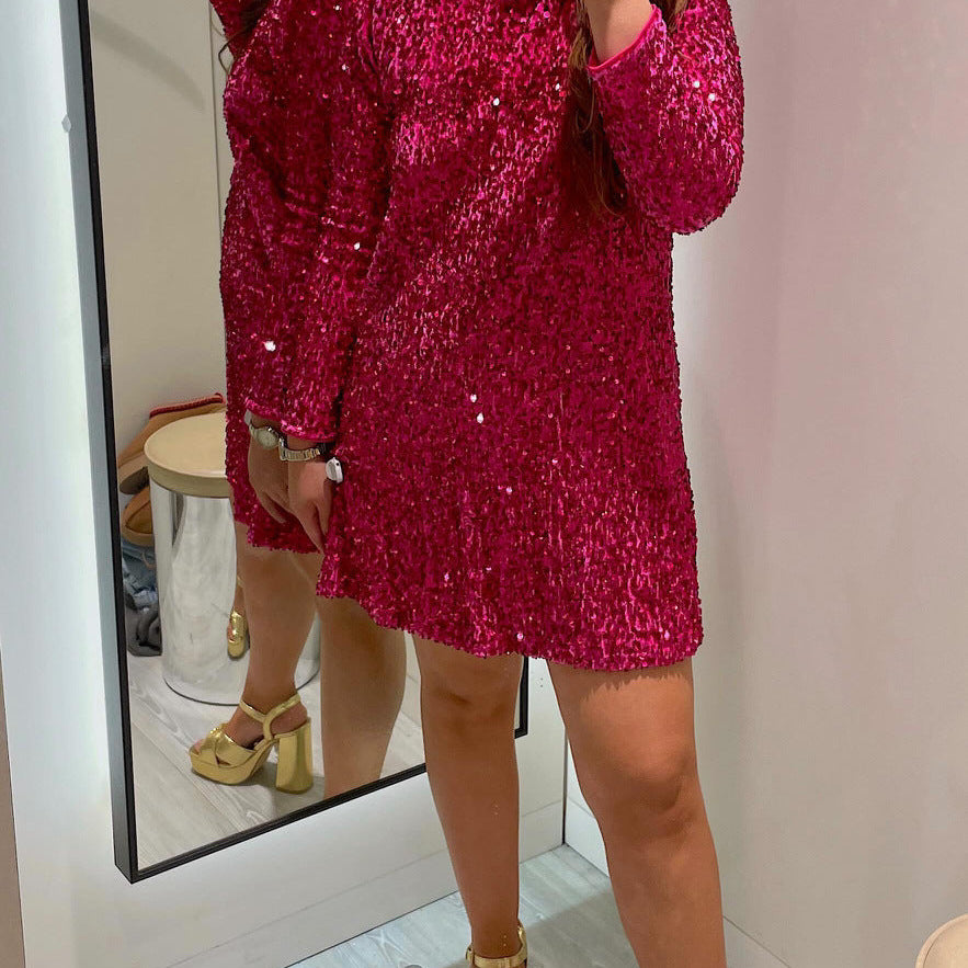 Long Sleeve Sequin Dress with Round Neck For Woman