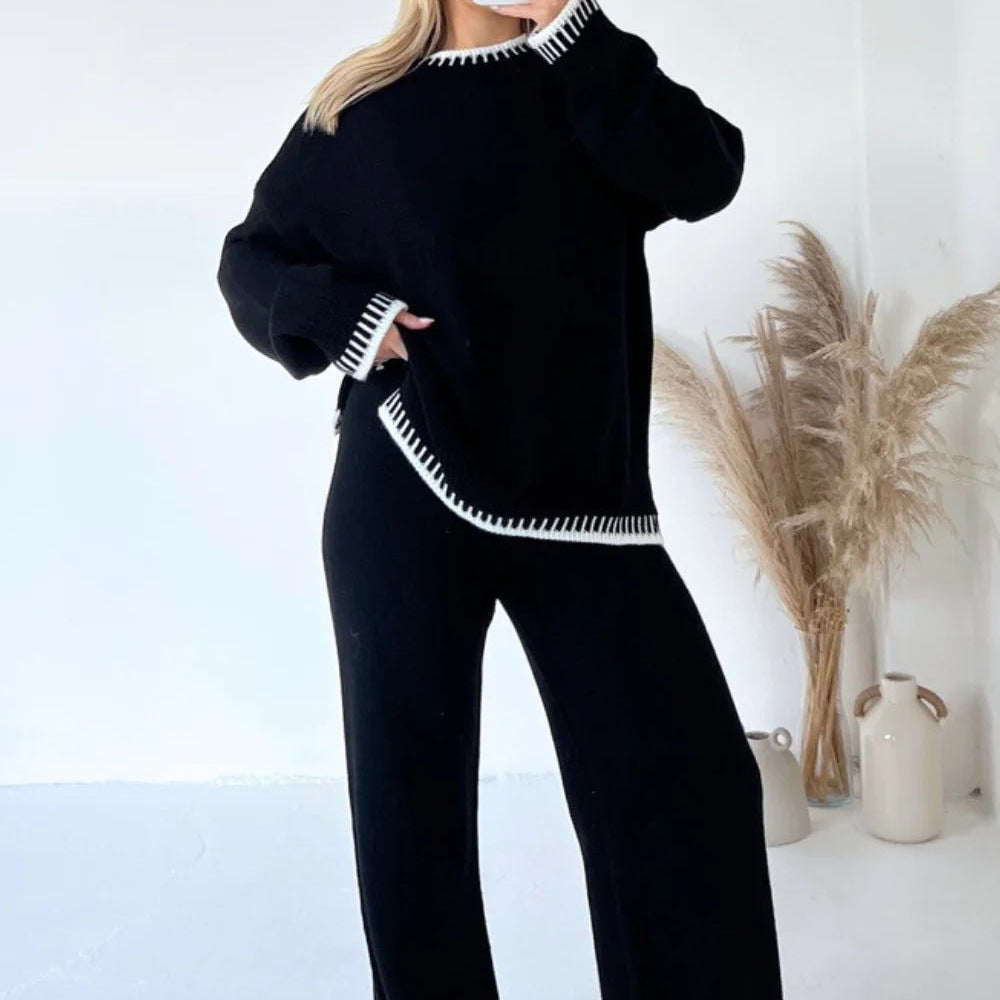 Contrast Trim Knit Lounge Set with Wide-Leg Trousers | Eirwyn