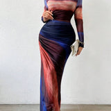 Closette | Printed Long Sleeve Bodycon Maxi Dress For Woman