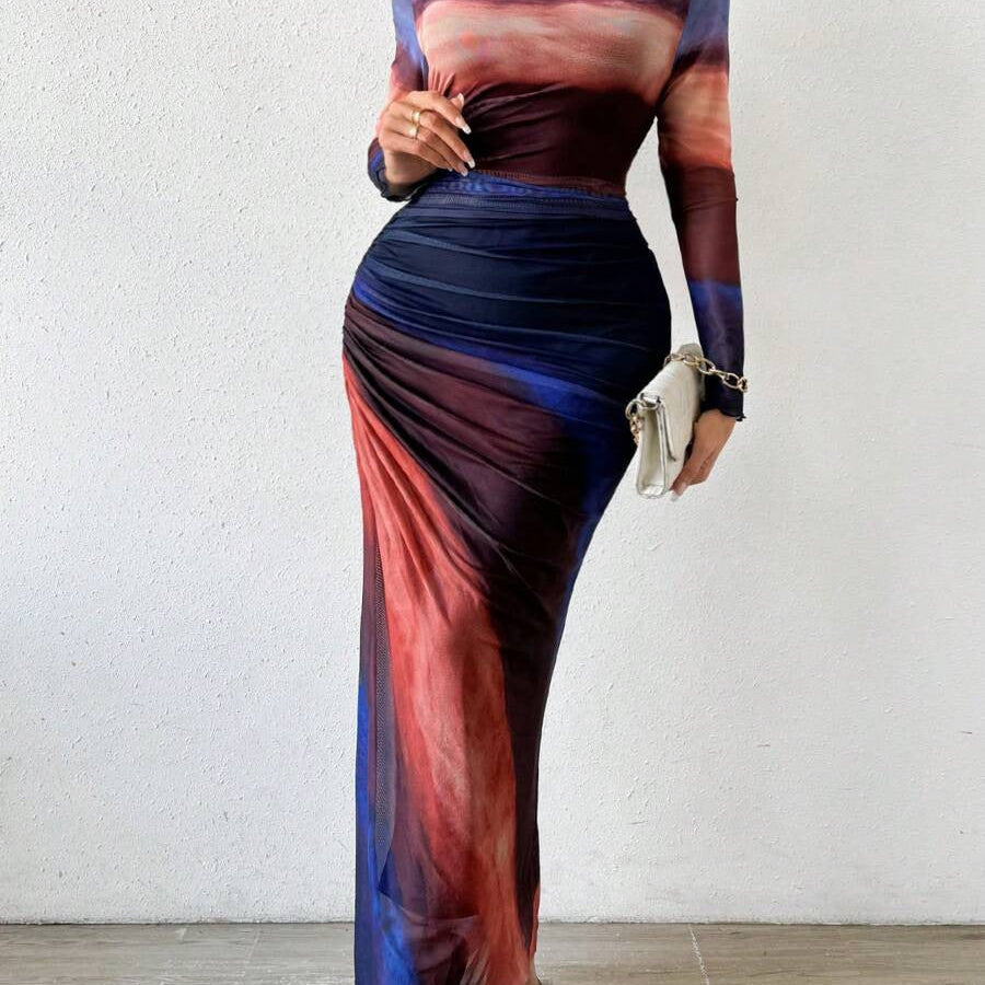 Closette | Printed Long Sleeve Bodycon Maxi Dress For Woman