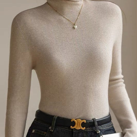 High Neck Slim Fit Ribbed Knit Top For Woman