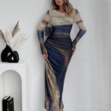 Closette | Printed Long Sleeve Bodycon Maxi Dress For Woman