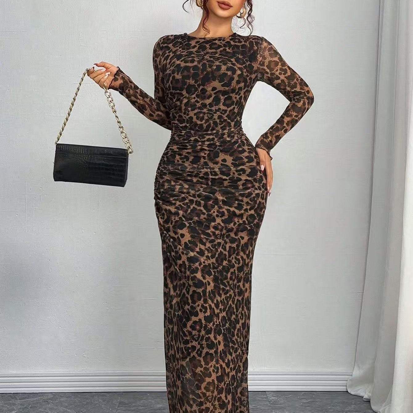 Closette | Printed Long Sleeve Bodycon Maxi Dress For Woman