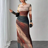 Closette | Printed Long Sleeve Bodycon Maxi Dress For Woman