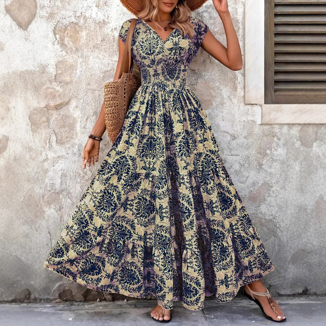 Closette | V-Neck Shirred Boho Summer Dress For Woman