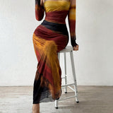 Closette | Printed Long Sleeve Bodycon Maxi Dress For Woman