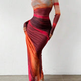 Closette | Printed Long Sleeve Bodycon Maxi Dress For Woman