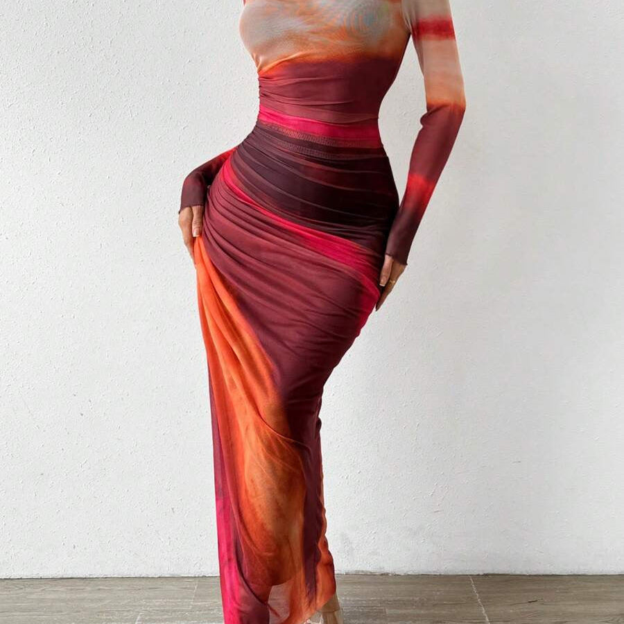 Closette | Printed Long Sleeve Bodycon Maxi Dress For Woman