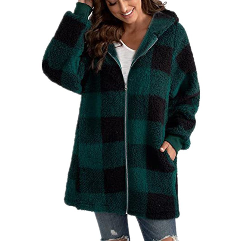 Plaid Fleece Hooded Long Coat | Arabella