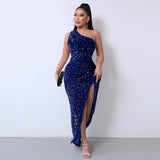 One-Shoulder Sequin Bodycon Dress with Thigh Split For Woman