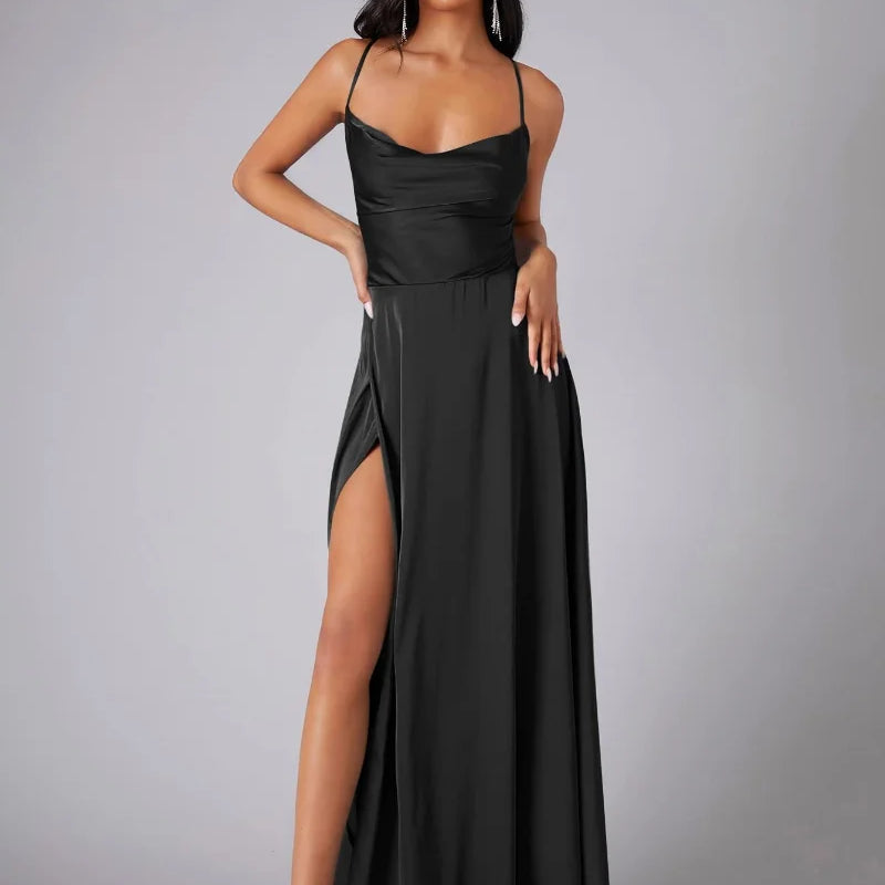 Satin Cowl Neck Maxi Dress with Side Slit | Selene
