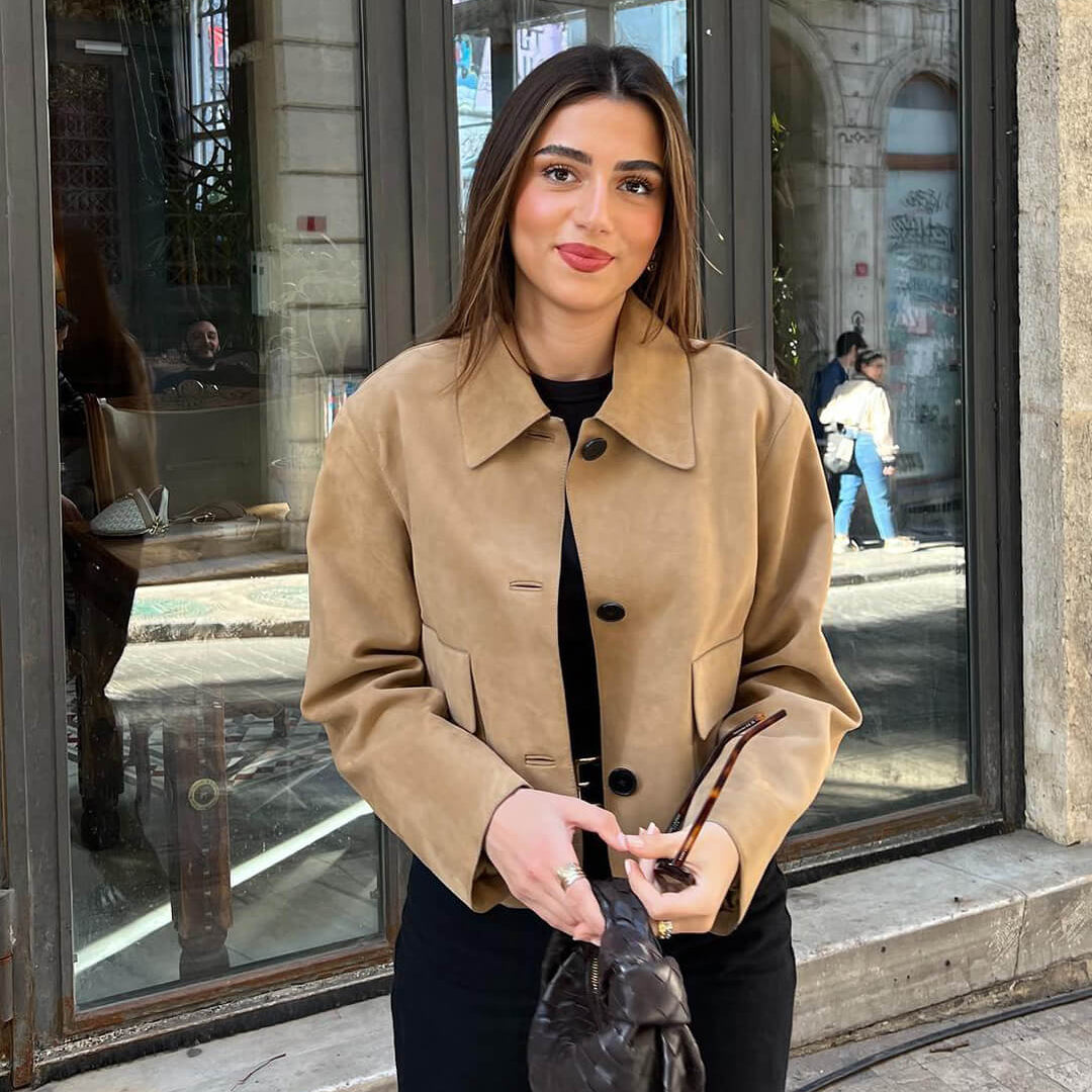 Cropped Faux Suede Jacket with Flap Pockets For Woman