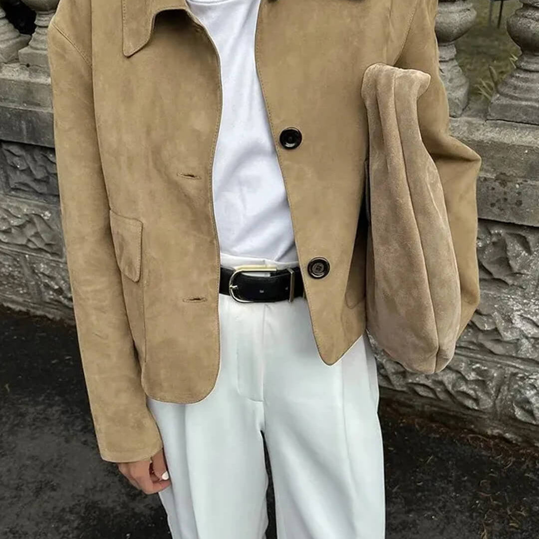 Cropped Faux Suede Jacket with Flap Pockets For Woman