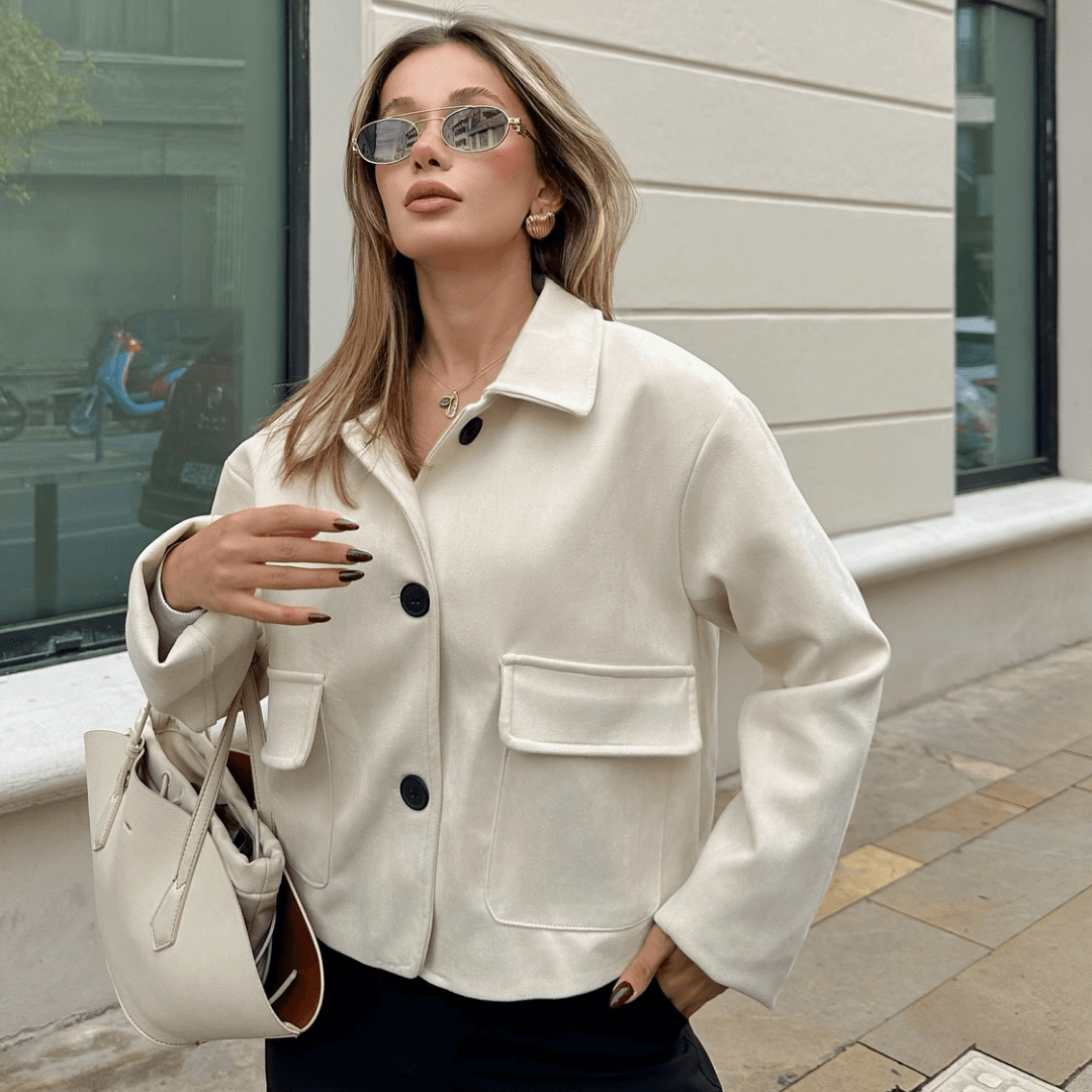 Cropped Faux Suede Jacket with Flap Pockets For Woman