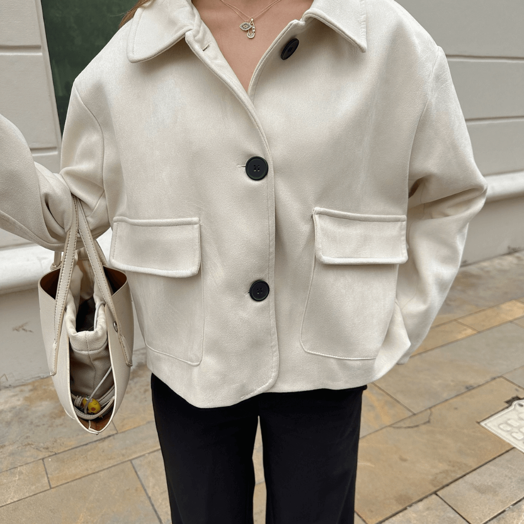 Cropped Faux Suede Jacket with Flap Pockets For Woman