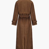 Long Faux Suede Trench Coat with Waist Belt For Woman