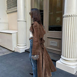 Long Faux Suede Trench Coat with Waist Belt For Woman