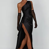 One-Shoulder Satin Maxi Dress with Side Slit | Thalina