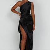 One-Shoulder Satin Maxi Dress with Side Slit | Thalina