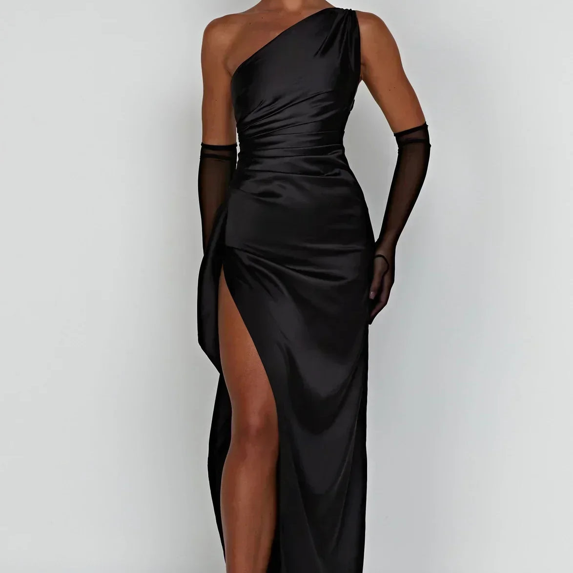 One-Shoulder Satin Maxi Dress with Side Slit | Thalina