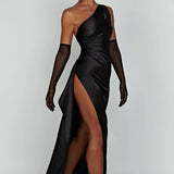 One-Shoulder Satin Maxi Dress with Side Slit | Thalina