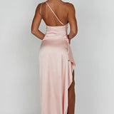 One-Shoulder Satin Maxi Dress with Side Slit | Thalina
