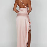 One-Shoulder Satin Maxi Dress with High Slit | Aurelya