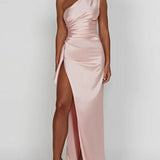 One-Shoulder Satin Maxi Dress with High Slit | Aurelya