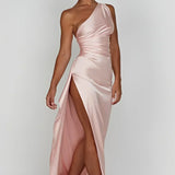 One-Shoulder Satin Maxi Dress with Side Slit | Thalina
