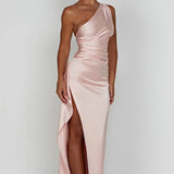 One-Shoulder Satin Maxi Dress with Side Slit | Thalina